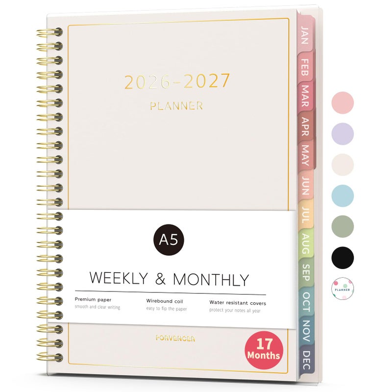 Forvencer Planner 2026-2027, 17 Month Weekly and Monthly Calendar Planner, Jan 2026 -May 2027, 6.3"" x 8.4"", Daily Agenda Book with Tabs, College School Supplies for Student Teacher Home, A5, Beige - Image 1